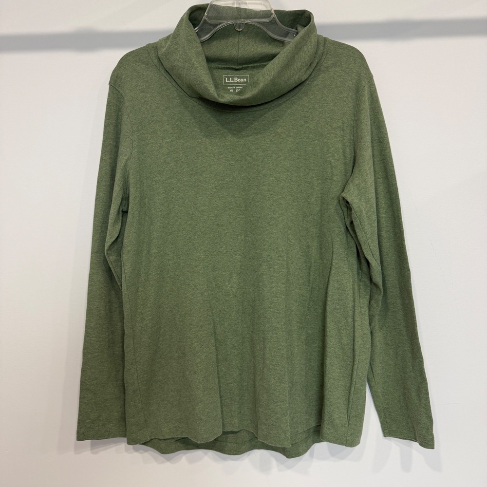 LL Bean Womens XL Green Cotton Cowl Neck Long Sleeve Top 277956 Heathered Olive